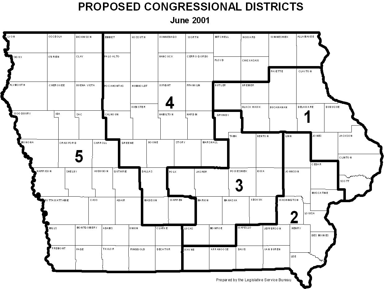 [Iowa Map with 5 proposed congressional districts]